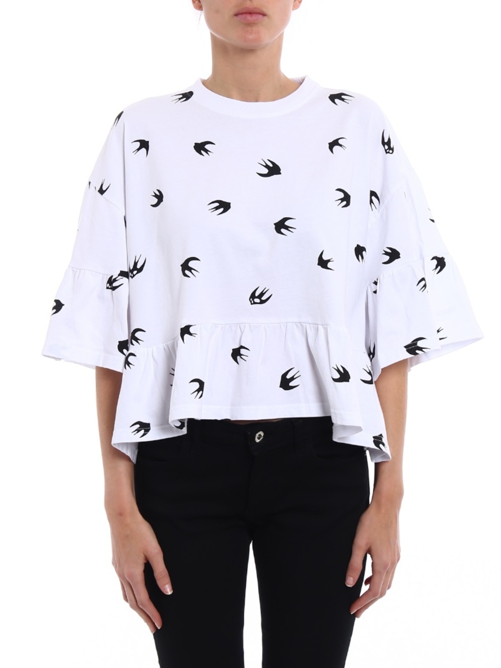 McQ Alexander McQueen White Black Swallow Pattern Flounced Peplum Tee XS